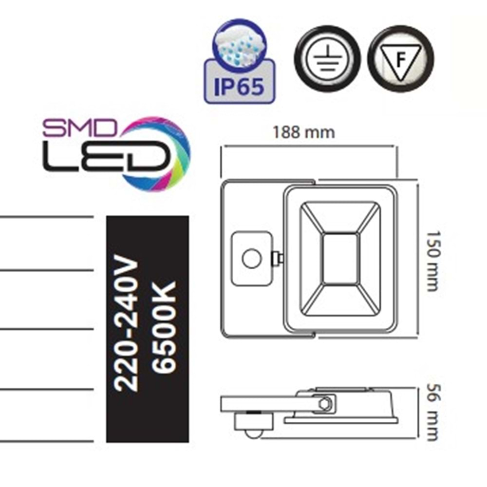 HOROZ 20W LED PROJEKTÖR PIR SENSÖRLÜ 6500K PARS/S-20 068 009 0020