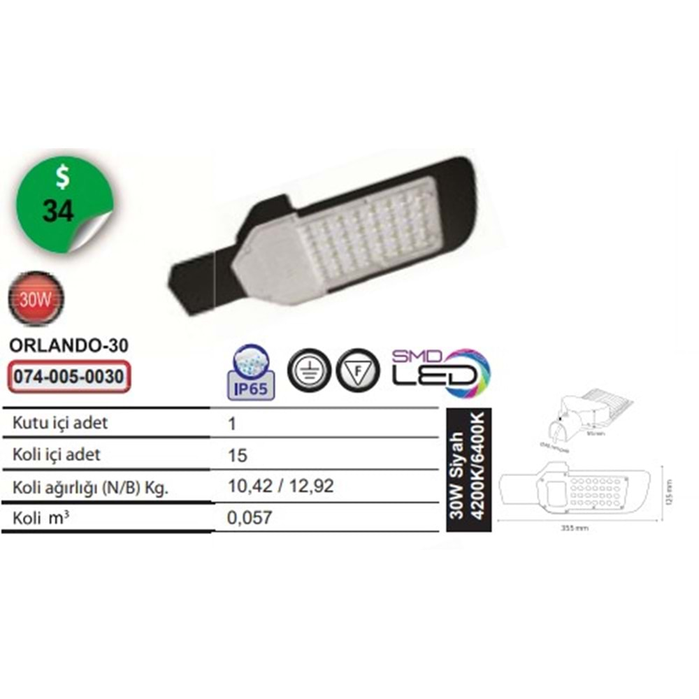 HOROZ 30W ORLANDO-30 4200K LED SOKAK ARMATÜRÜ 074 005 0030