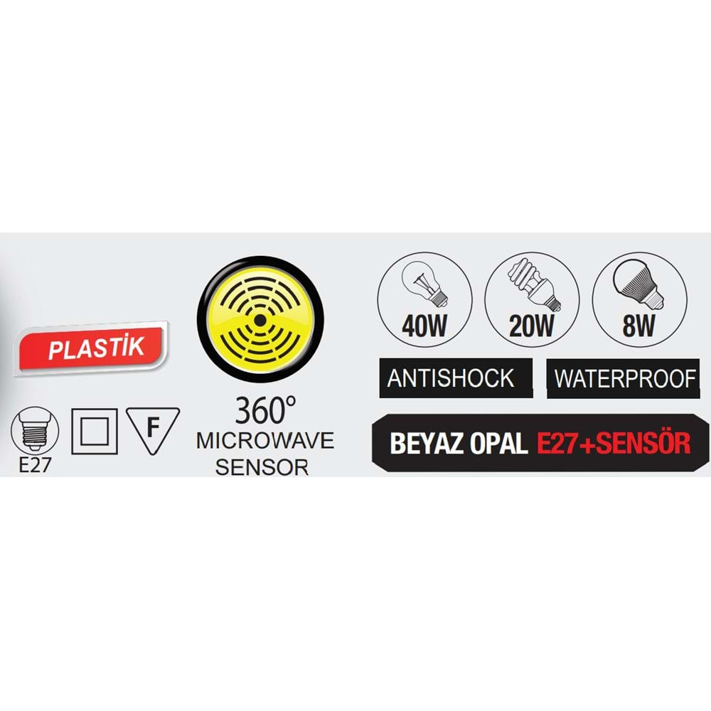 HOROZ MAX 40W APLİK E27 SENSÖRLÜ OPAL BEYAZ ARMATÜR MIKROSENSORLU AQUA YARIMAY 400 213 114