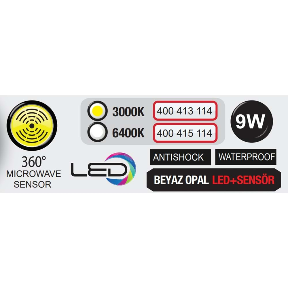 HOROZ 9W APLİK 3000K LEDLİ SENSÖRLÜ OPAL BEYAZ ARMATUR MIKROSENSORLU AQUA YARIMAY 400 413 114