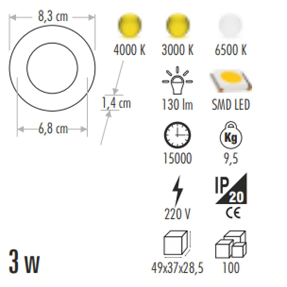 CATA 3W LED PANEL ALÜMİNYUM 3000K GÜN IŞIĞI CT-5144