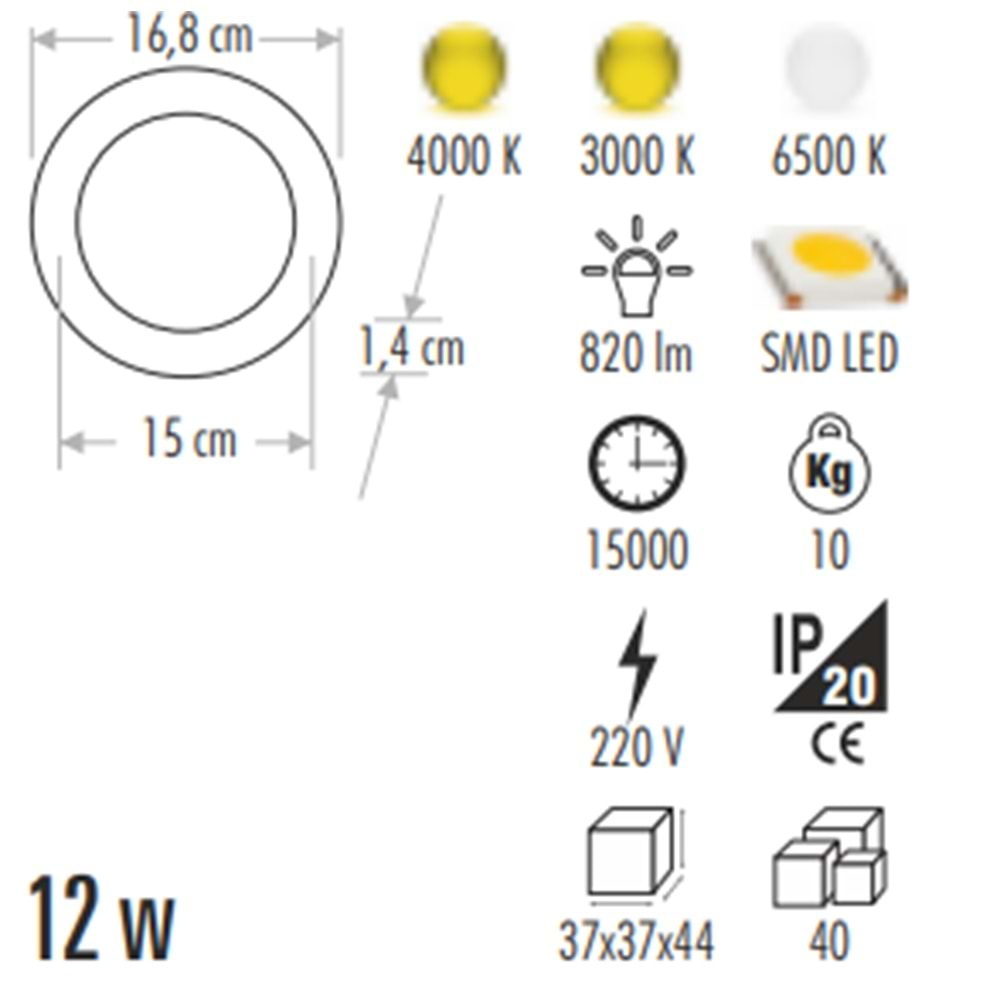 CATA 12W LED PANEL ALÜMİNYUM 6500K BEYAZ IŞIK CT-5147