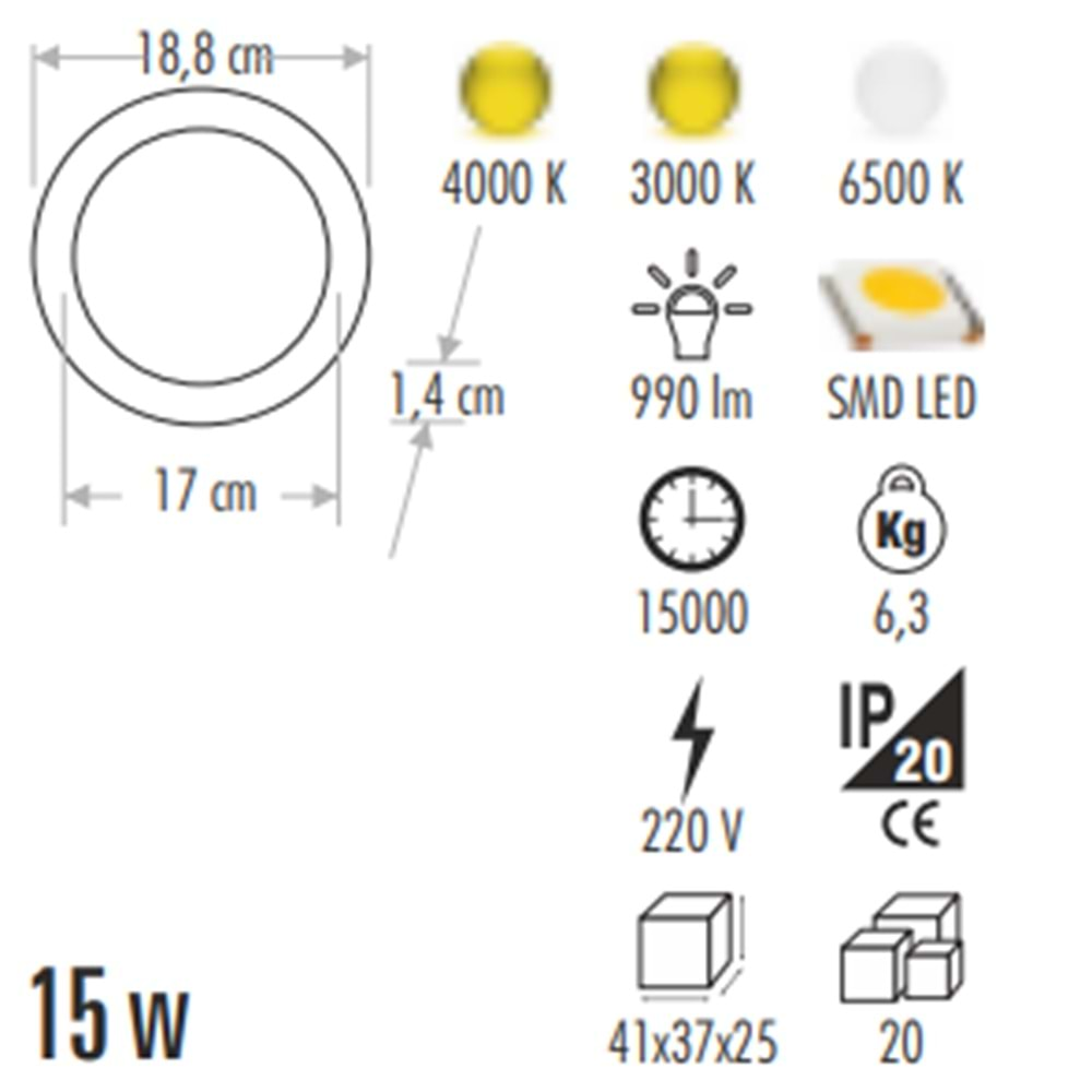 CATA 15W LED PANEL ALÜMİNYUM 3000K GÜN IŞIĞI CT-5148