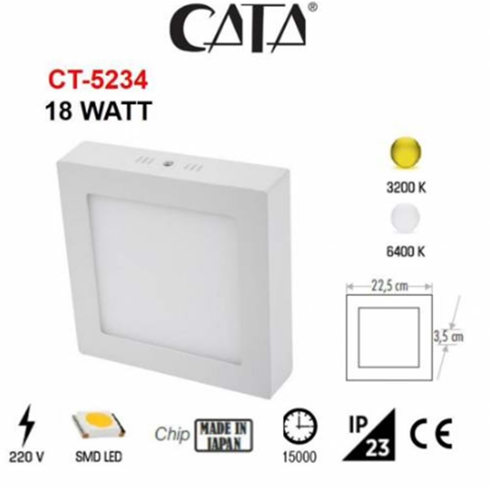 CATA 18W LED PANEL BEYAZ KASA 3200K GÜNIŞIĞI ALÜMİNYUM KARE SIVA ÜSTÜ CT-5234G