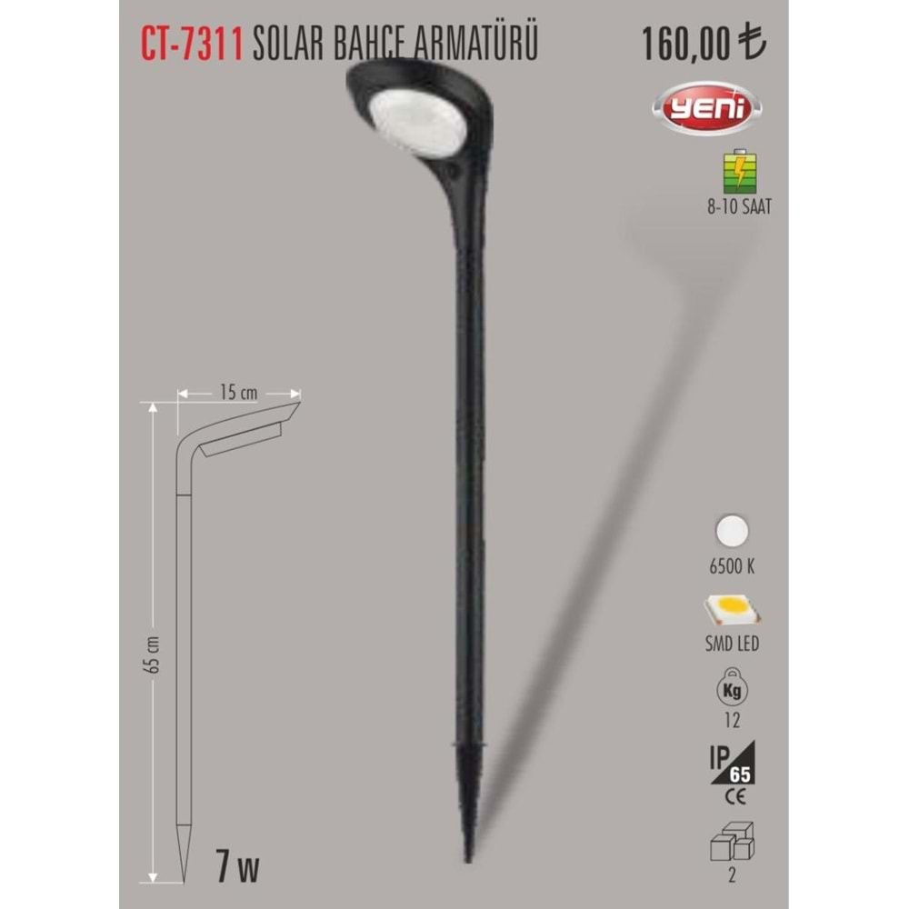 CATA 7 W LED SOLAR BAHÇE ARMATÜRÜ CT-7311B