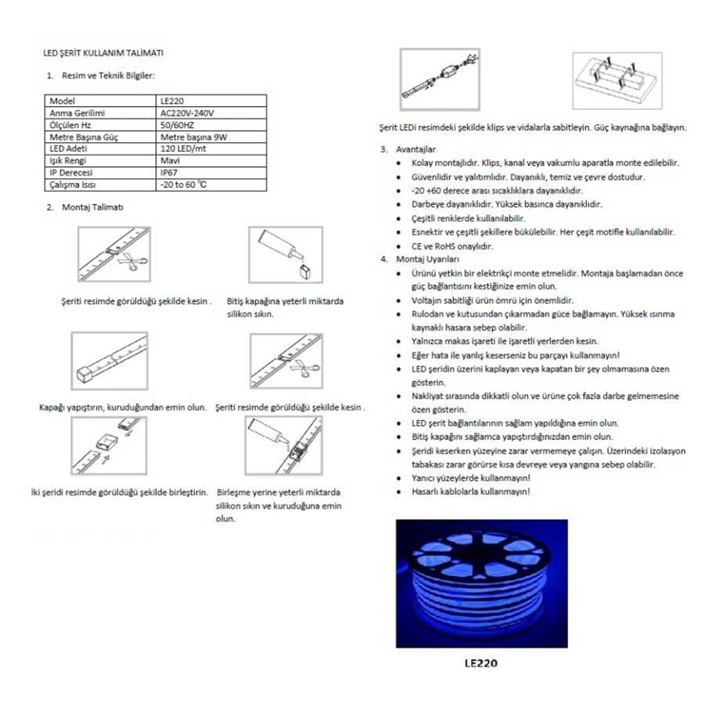 JUPİTER LE220M 220V İÇ/DIŞ MEKAN NEON ŞERİT LED MAVİ(50MT)