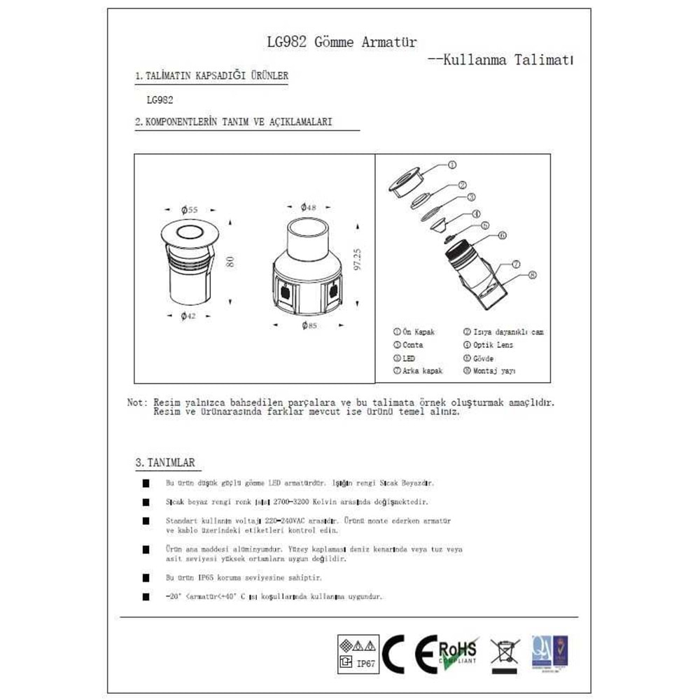 JUPİTER LG982 S LED GÖMME BAHÇE ARMATÜRÜ 3,5W 3000K