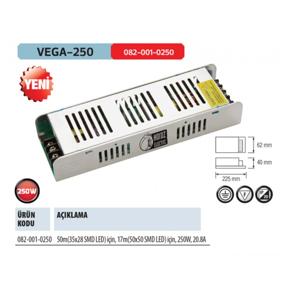 HOROZ 20,8 AMPER ŞERİT LED TRAFOSU 12V 250W VEGA-250 082 001 0250