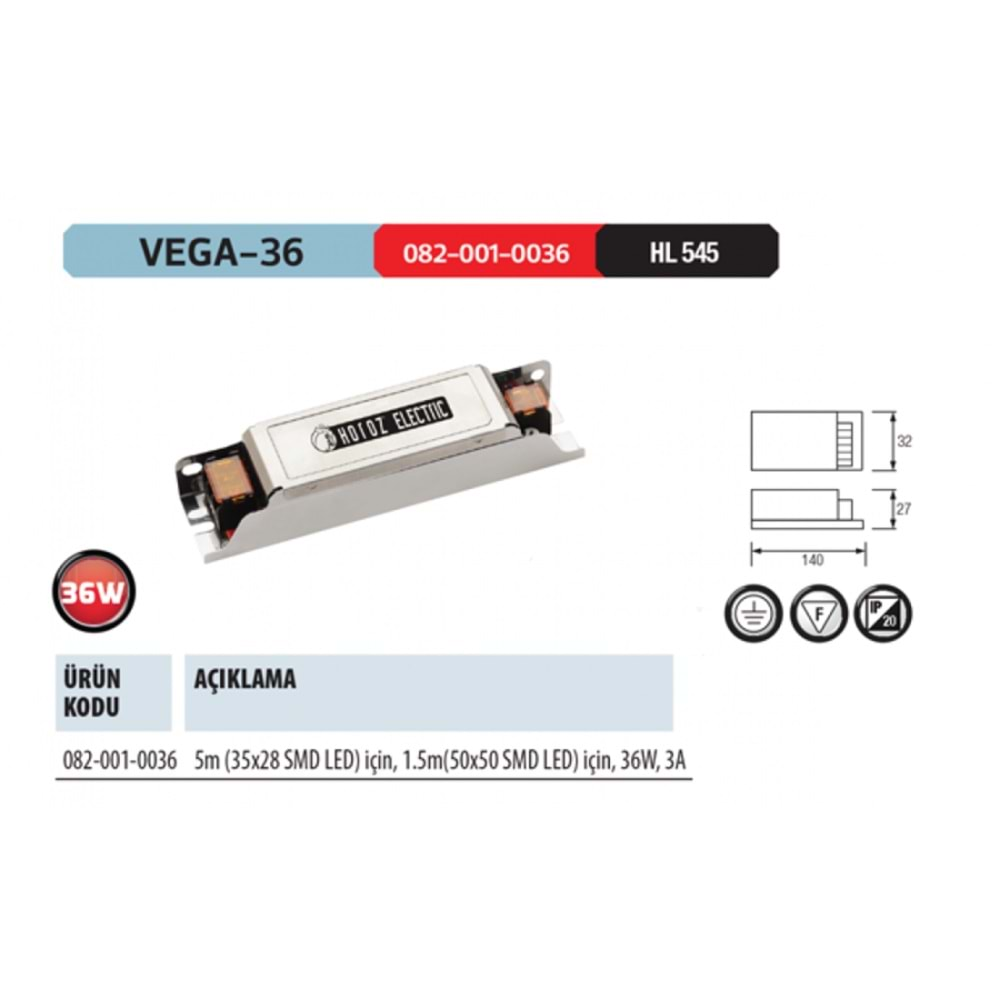 HOROZ 3 AMPER ŞERİT LED TRAFOSU 12V 36W VEGA-36 082 001 0036