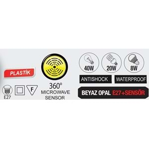 HOROZ MAX 40W APLİK E27 SENSÖRLÜ OPAL BEYAZ ARMATÜR MIKROSENSORLU AQUA YARIMAY 400 213 114