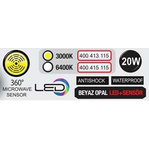 HOROZ 20W LEDLİ SENSÖRLÜ BEYAZ IP54 3000K AQUA DOLUNAY 400 413 115