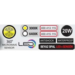 HOROZ 20W LEDLİ SENSÖRLÜ BEYAZ IP54 6400K AQUA DOLUNAY 400 415 115