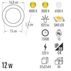 CATA 12W LED PANEL ALÜMİNYUM 3000K GÜN IŞIĞI CT-5147