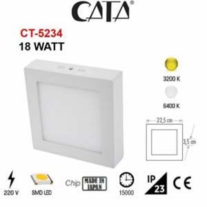 CATA 18W LED PANEL BEYAZ KASA 3200K GÜNIŞIĞI ALÜMİNYUM KARE SIVA ÜSTÜ CT-5234G