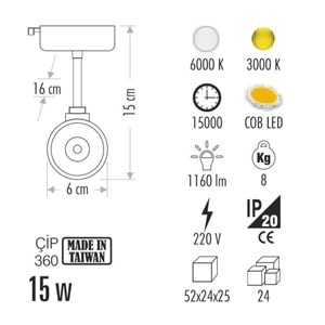 CATA 15W HERMES RAY SPOT ARMATÜR 3000K GÜNIŞIĞI CT-5338G