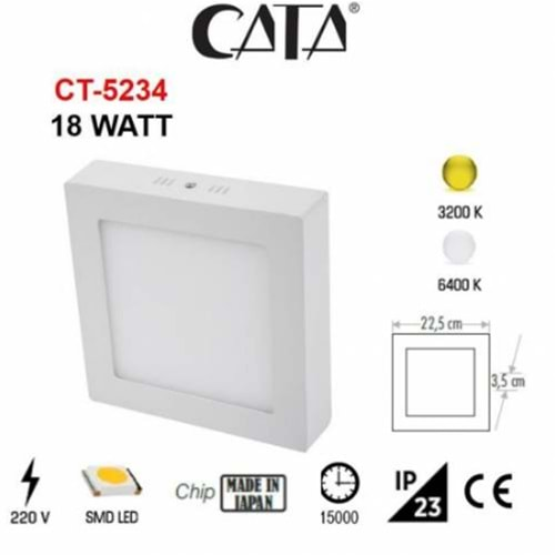 CATA 18W LED PANEL BEYAZ KASA 6400K BEYAZ IŞIK ALÜMİNYUM KARE SIVA ÜSTÜ CT-5234B